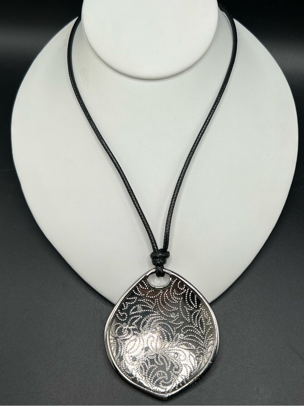 Chicos Black Cord Necklace Silver Tone Reversible Pendant